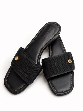 Eric Javits 8.5 Black Gold 1" Heel Slip on Sandal Woven Upper Leather Sole